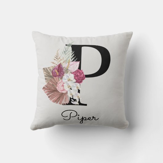 Coussin Initiale florale boho rose brodée P (Verso)