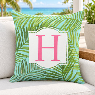 Coussin Initiale Monogramme Aqua Feuille de Palmier Vert T