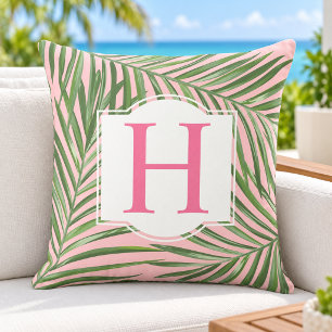 Coussin Initiale Monogramme Rose Feuille de Palmier Vert T