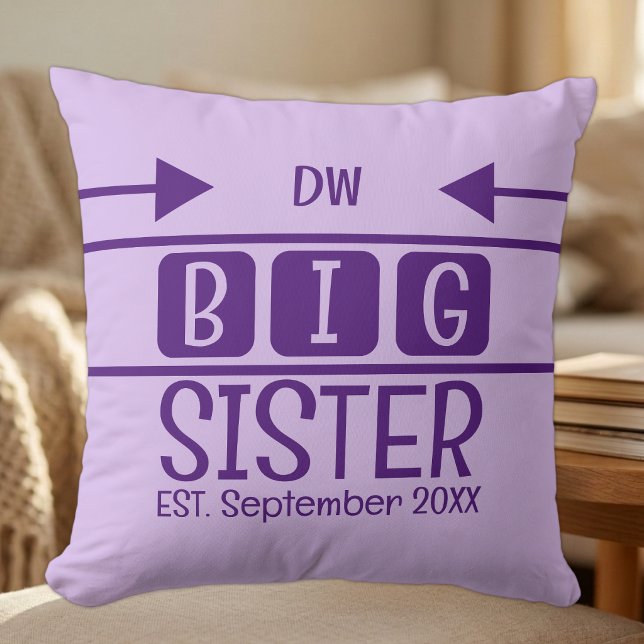 Coussin Initiales de grande sœur année mois établie violet (Créateur téléchargé)