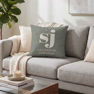 Coussin Initiales de monogramme de sauge élégantes