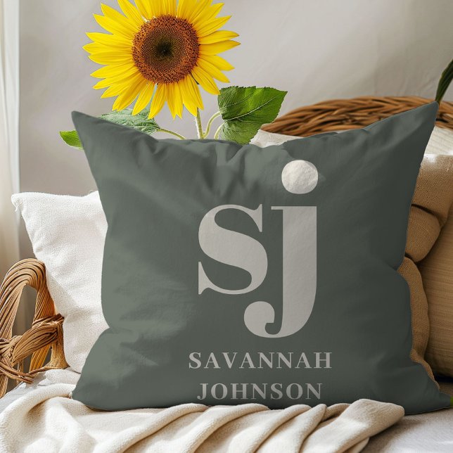 Coussin Initiales de monogramme de sauge élégantes  (Créateur téléchargé)