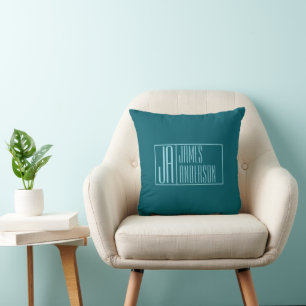 Coussin Initiales et nom modernes Turquoise foncé et ble