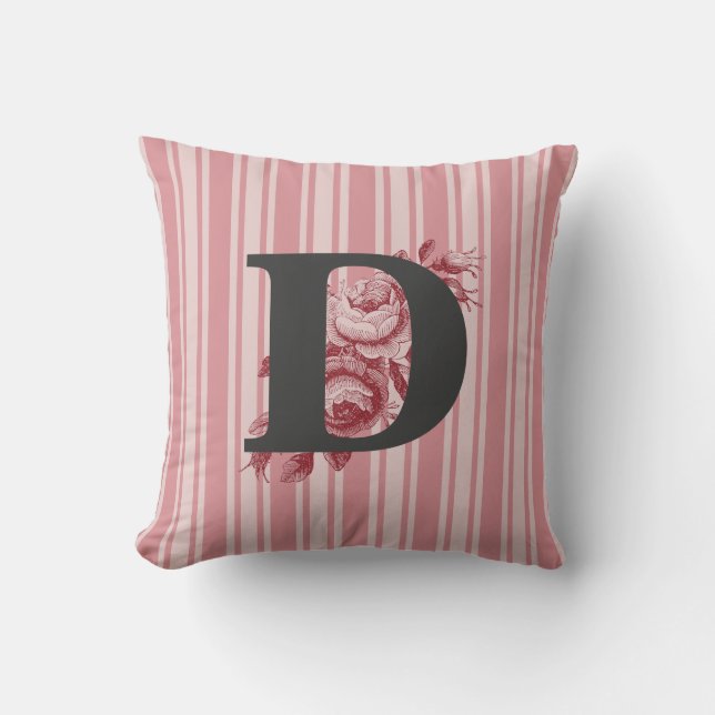 Coussin Initiales F E D O B ou R Roses et rayures de chou (Recto)
