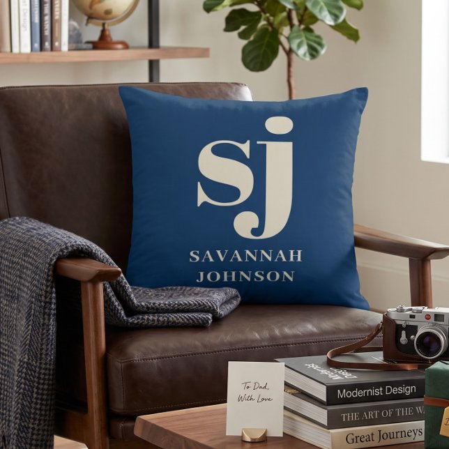 Coussin Initiales monogramme bleu marine élégant  (Créateur téléchargé)