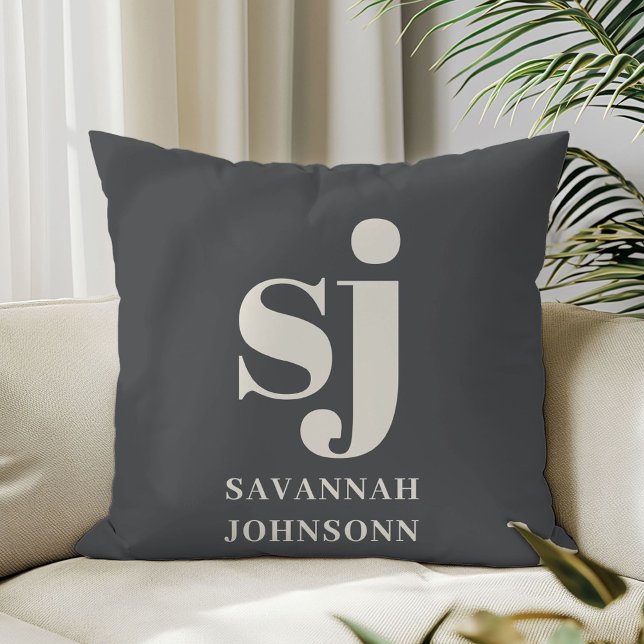Coussin Initiales monogramme gris et crème  (Créateur téléchargé)
