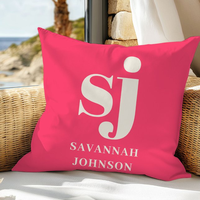 Coussin Initiales monogramme rose vif élégant  (Créateur téléchargé)