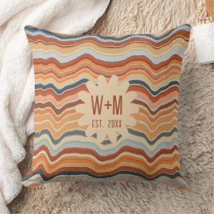 Coussin Initiales Rétro Rayures 70s Groovy Bohème terre cu