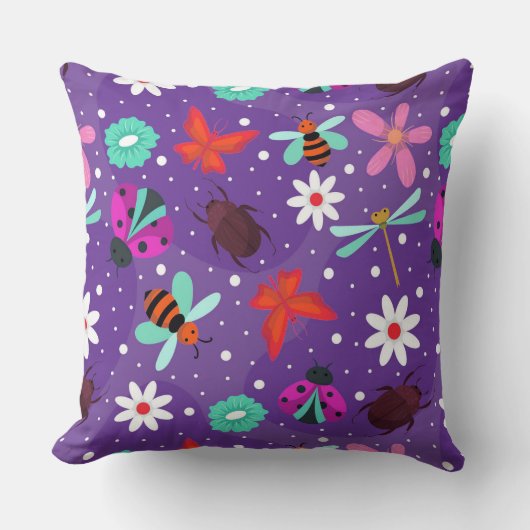 Coussin Insectes Colorés Fleurs Chambre Violette (Recto)