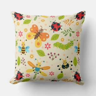 Coussin Insectes de dessin animé colorés avec des fleurs e