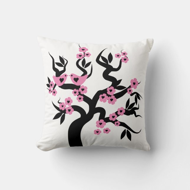 Coussin Inséparables noirs roses sakura fleurs de cerisier (Recto)