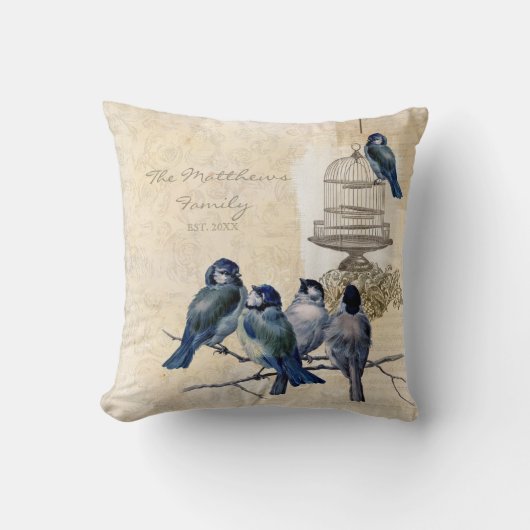 Coussin Inséparables vintages Famille Birdcage Personnalis (Recto)