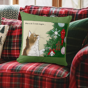 Coussin Inspection de l'arbre de Noël Drôle Chat Calico Fê