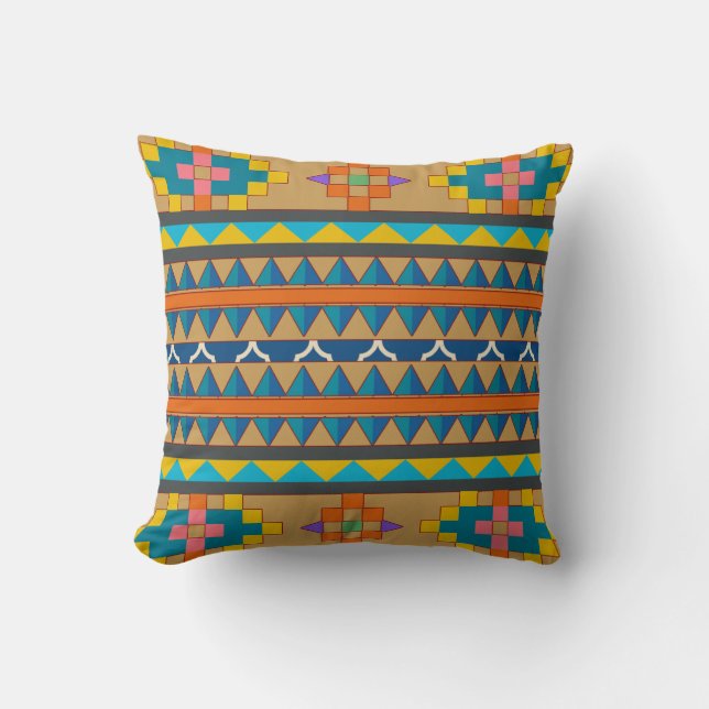 Coussin inspiré bleu orange et jaune aztèque (Recto)