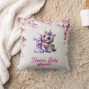 Coussin Invitation à une baby shower avec licorne