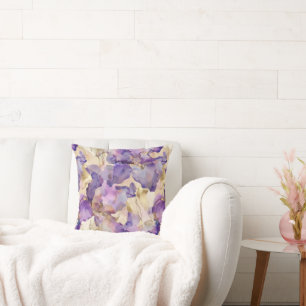 Coussin Iris Floral Abstrait Or Blanc Violet