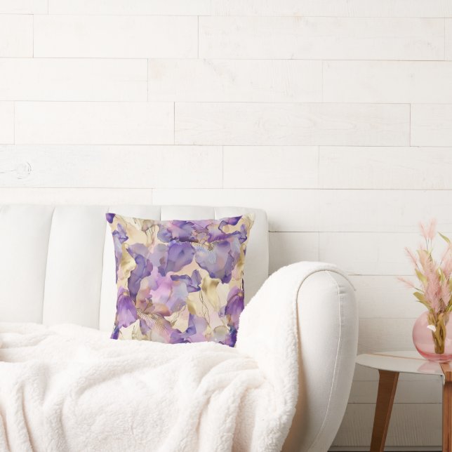 Coussin Iris Floral Abstrait Or Blanc Violet (Canapé)