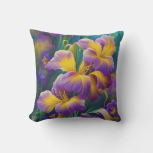 Coussin Iris Floral Violet et bleu or feuilles