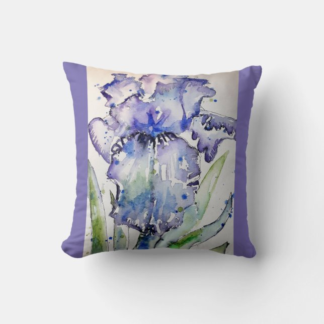 Coussin Iris violet art Aquarelle Fleur floral Cushion (Recto)