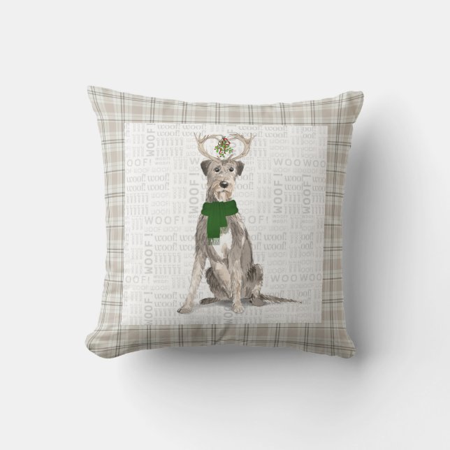 Coussin Irish Wolfhound et Taupe Plaid Christmas Dog (Recto)