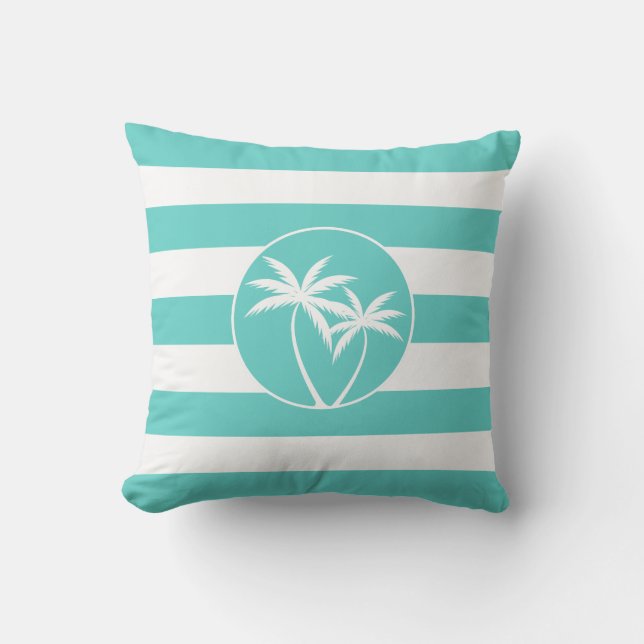 Coussin Island Palms Beach Life on Aqua Stripes Motif (Recto)