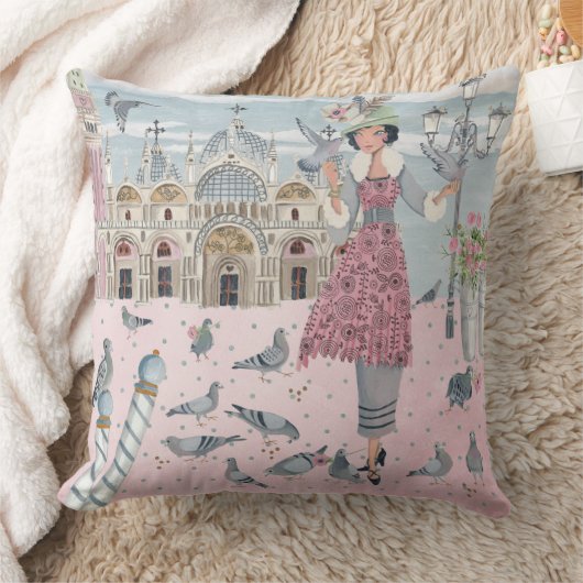 Coussin Italie Venise voyage pigeons gris rose fille dessi (Couverture)