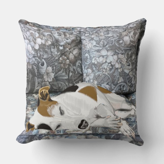 Coussin Jack Russell couché sur un canapé bleu floral (Recto)