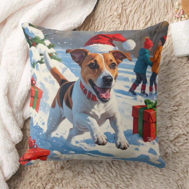 Coussin Jack Russell Courir en neige avec Casquette de Noë (Couverture)