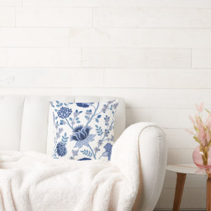 Coussin Jacobean Floral 2Way Blues Motif blanc