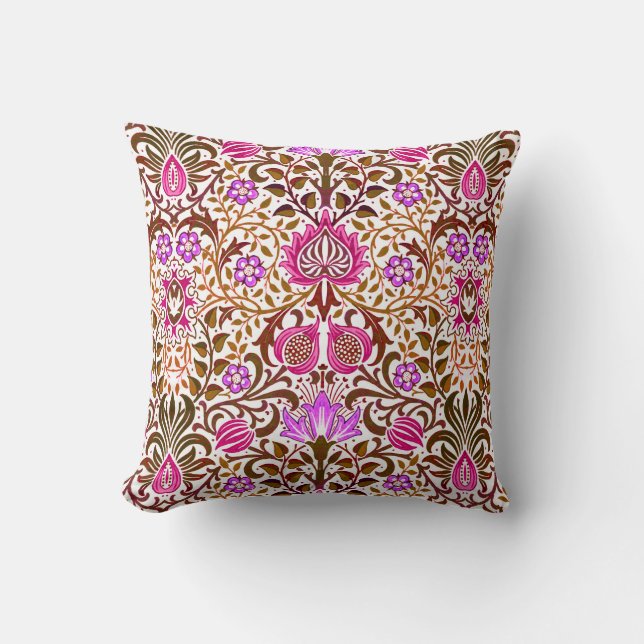 Coussin Jacobean Floral Damask, rose, violet et Brown (Recto)