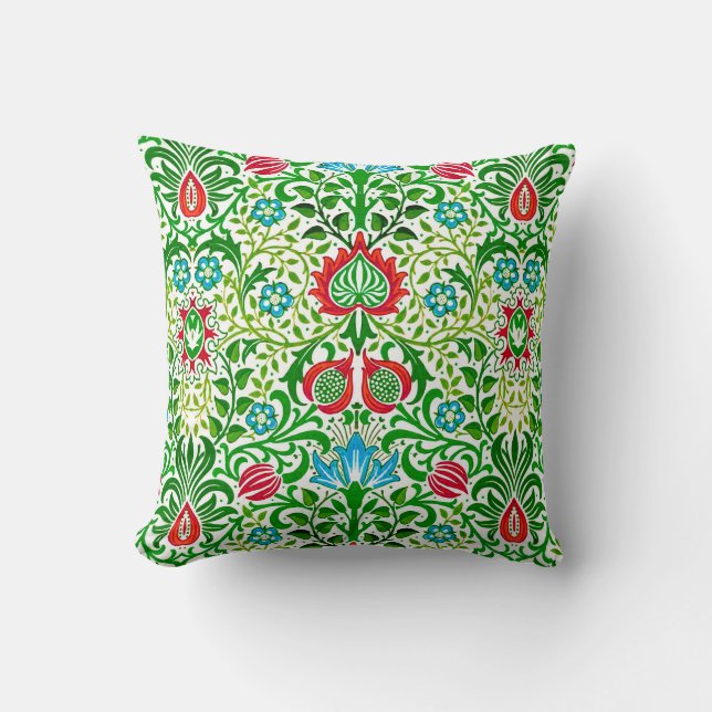 Coussin Jacobean Floral Damask, vert et corail rouge (Recto)