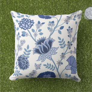 Coussin Jacobean Floral Lg Motif Bleu sur Blanc