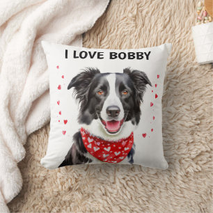Coussin J'adore Border Collie avec foulard rouge à coeur