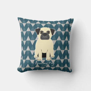 Coussin J'adore mon Pug, motif diamants bleus