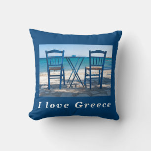 Coussin J'aime Grèce taverna photo bleu et blanc