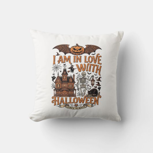 Coussin J'aime Halloween Maison Hantée Squelette Citrouill (Recto)