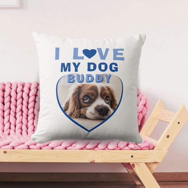 Coussin J'aime mon chien Blue Heart Photo Nom de l'animal (Créateur téléchargé)