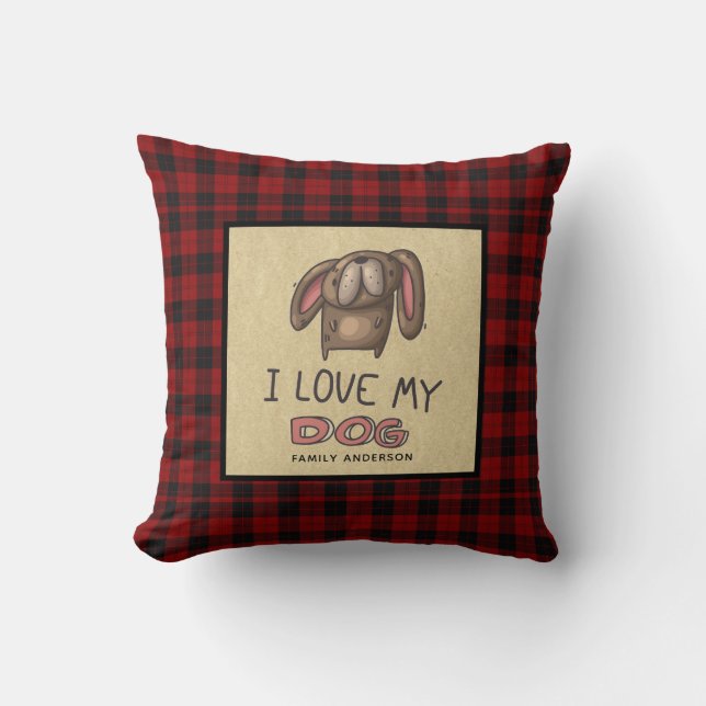 Coussin J'AIME MON CHIEN Personnalisé Cute Buffalo Plaid (Recto)