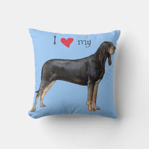 Coussin J'aime mon Coonhound noir et bronzage
