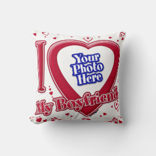 Coussin J'aime Photo de mon petit ami coeurs rouges