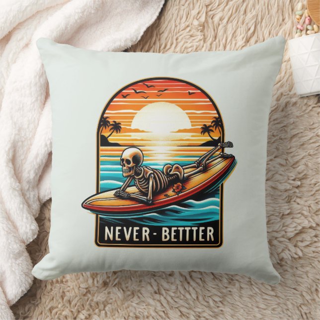 Coussin Jamais mieux - Squelette Surf Sunset Wave (Couverture)