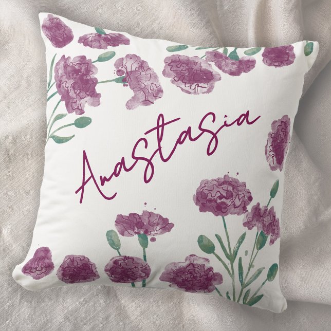 Coussin January Birth Month Carnation Personalized (January birth month flower personalized custom script name watercolor carnation botanical art pillow)