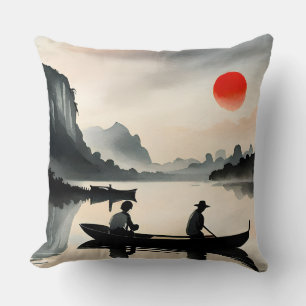 Coussin Japonais naviguant Bateau Soirée Rivière Paysage