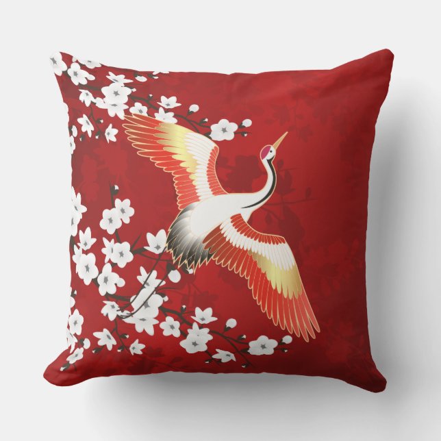 Coussin Japonaise Grue Blanc Cerisier Fleur Rouge (Recto)