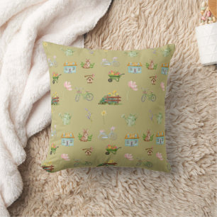 Coussin Jardin Cottagecore en collage aquarelle avec bicyc