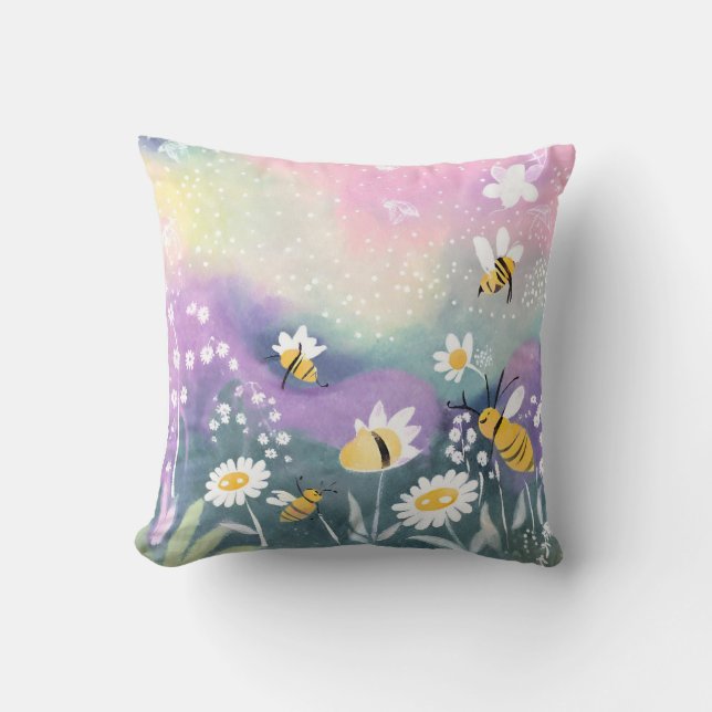 Coussin Jardin D'Aquarelle Vibrant Avec Fleurs D'Abeilles (Recto)