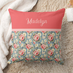 Coussin Jardin de campagne Fleur Coral Rouge Monogramme No