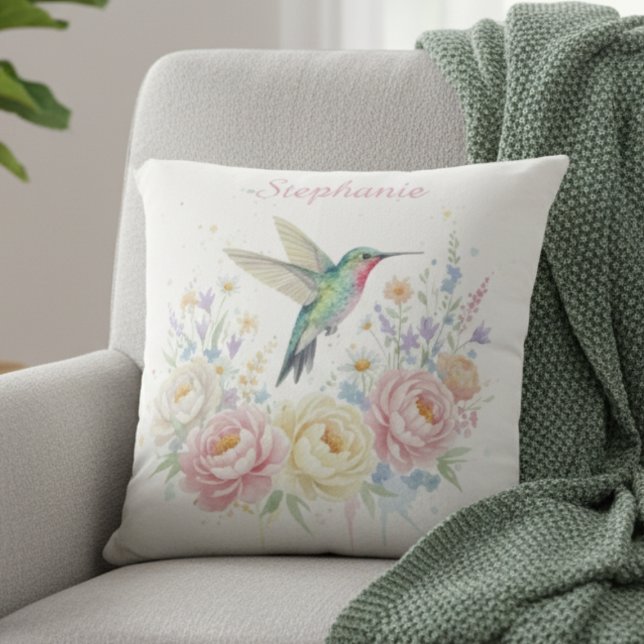 Coussin Jardin de colibris à l'aquarelle (Watercolor floral hummingbird decorative pillow)