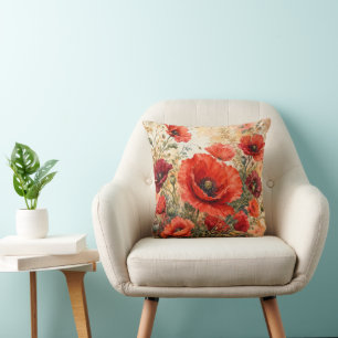 Coussin Jardin de coquelicots rouges luxueux aquarelle