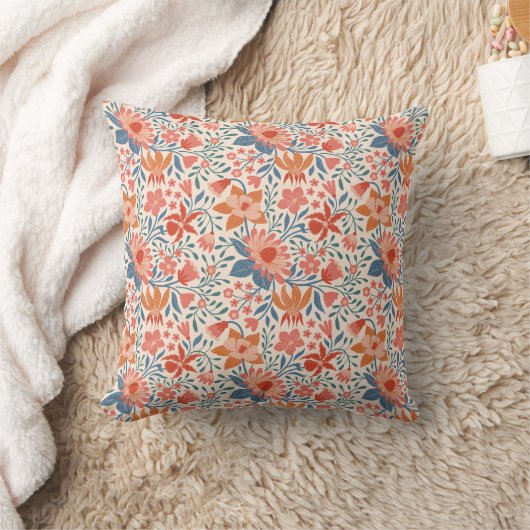 Coussin Jardin de corail et de sarcelle sur fond beige dou (Couverture)